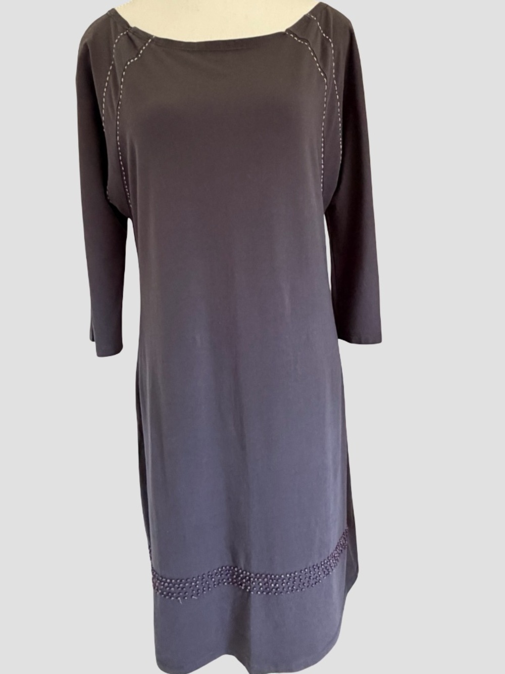 Synergy Organic Clothing Grey Beaded Stretch Lounge Mid Length Sleeve Dress-Sz-L